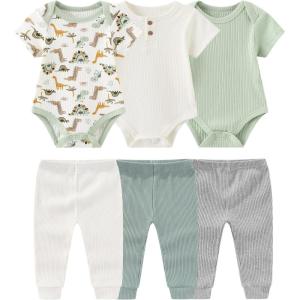 Baby Bodysuit and Pant Set 6-pcs Ribbed Soft Infant Boy Girl Clothes Outfits(Dinosaur Sage Green Set 6 Pieces)