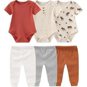Baby Bodysuit and Pant Set 6-pcs Ribbed Soft Infant Boy Girl Clothes Outfits(Elk Light Khaki Set 6 Pieces)