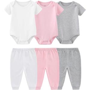 Baby Bodysuit and Pant Set 6-pcs Ribbed Soft Infant Boy Girl Clothes Outfits(Pink White Gray Set 6 Pieces)