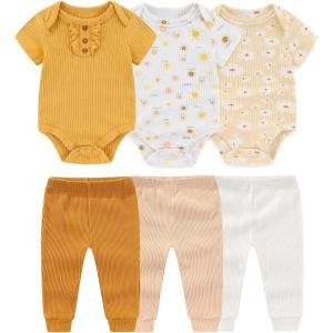 Baby Bodysuit and Pant Set 6-pcs Ribbed Soft Infant Boy Girl Clothes Outfits(Sunny Flowers Set 6 Pieces)
