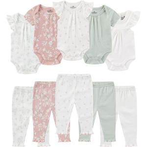 Baby Bodysuit and Pant Set Summer Ribbed Mix Match Infant Boy Girl Clothes Outfits(Green Floral Ribbed 10 Pieces)