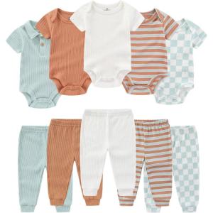 Baby Bodysuit and Pant Set Summer Ribbed Mix Match Infant Boy Girl Clothes Outfits(Green Plaid Ribbed 10 Pieces)