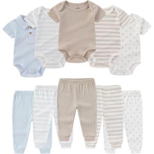 Baby Bodysuit and Pant Set Summer Ribbed Mix Match Infant Boy Girl Clothes Outfits(Khaki Striped Ribbed 10 Pieces)