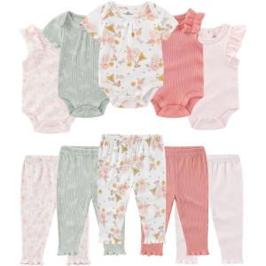 Baby Bodysuit and Pant Set Summer Ribbed Mix Match Infant Boy Girl Clothes Outfits(Red Floral Ribbed 10 Pieces)