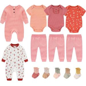 Baby Bodysuit and Pant Sets Ribbed Romper Soft Newborn Boy Girl Clothes Outfits Layette Gift Set(Coral Pink Ribbed Set + Deer)