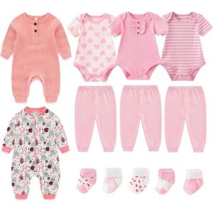 Baby Bodysuit and Pant Sets Ribbed Romper Soft Newborn Boy Girl Clothes Outfits Layette Gift Set(Fox/Pink/Stripe)