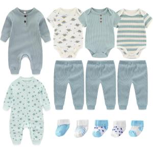 Baby Bodysuit and Pant Sets Ribbed Romper Soft Newborn Boy Girl Clothes Outfits Layette Gift Set(Gray Blue Ribbed Set + Starfish)