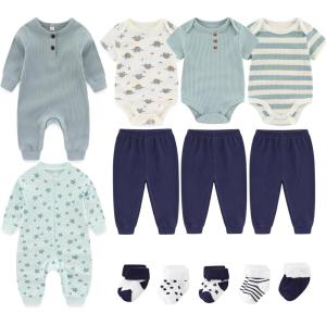 Baby Bodysuit and Pant Sets Ribbed Romper Soft Newborn Boy Girl Clothes Outfits Layette Gift Set(Starfish/Gray Blue/Navy)