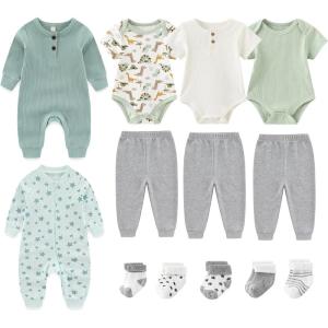 Baby Bodysuit and Pant Sets Ribbed Romper Soft Newborn Boy Girl Clothes Outfits Layette Gift Set(Starfish/White/Sage Green/Gray)