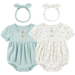 Baby Girl Clothes Cotton Bubble Romper Floral Bodysuits Infant Outfit Set(Blue/Light Blue Floral Short-sleeved Bodysuit)