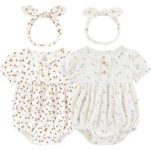 Baby Girl Clothes Cotton Bubble Romper Floral Bodysuits Infant Outfit Set(Light Blue/Orange Floral Short-sleeved Bodysuit)