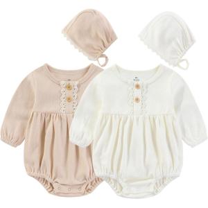 Baby Girl Clothes Cotton Bubble Romper Floral Bodysuits Infant Outfit Set(Long-sleeved Pink/Beige)