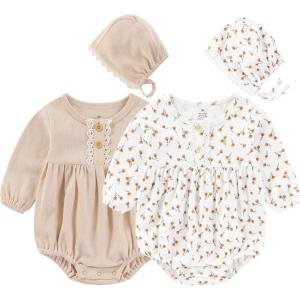 Baby Girl Clothes Cotton Bubble Romper Floral Bodysuits Infant Outfit Set(Long-sleeved Pink/Orange Floral)
