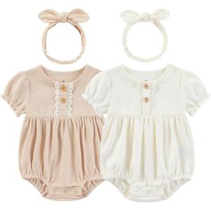 Baby Girl Clothes Cotton Bubble Romper Floral Bodysuits Infant Outfit Set(Pink/Beige Short-sleeved Bodysuit)