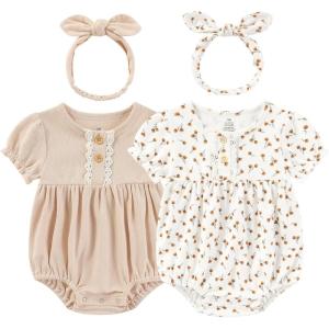 Baby Girl Clothes Cotton Bubble Romper Floral Bodysuits Infant Outfit Set(Pink/Floral Short-sleeved Bodysuit)