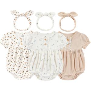 Baby Girl Outfit Cotton Bubble Romper Floral Dress Infant Girls Clothes 3-pack(Orange Floral/Light Khaki/Blue Floral Short-sleeved)