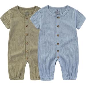 Baby Girl Romper Button Jumpsuit Summer Infant Boy Clothes for 0-24 Months(Dark Green/Blue)