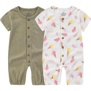 Baby Girl Romper Button Jumpsuit Summer Infant Boy Clothes for 0-24 Months(Dark Green/Flower)
