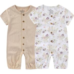 Baby Girl Romper Button Jumpsuit Summer Infant Boy Clothes for 0-24 Months(Khaki/Flower)