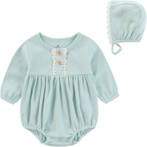 Baby Girls Clothes Set Cotton Floral Bodysuit Dress with Headpiece for 3-24 Months(Blue Romper + Hat)