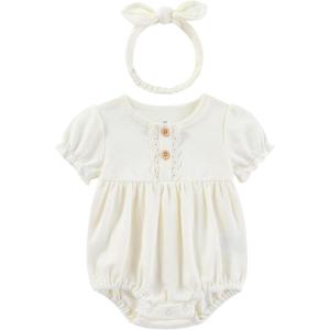 Baby Girls Clothes Set Cotton Floral Bodysuit Dress with Headpiece for 3-24 Months(White Jumpsuit + Bow)