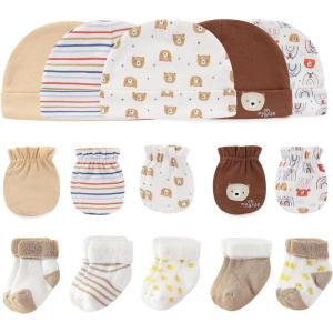 Baby Hats Mittens and Socks Set Cotton Newborn Hat Beanie Soft Infant Girls Boys Caps Gloves 0-6 month(Bear Accessory Set 2+khaki Terry Socks)
