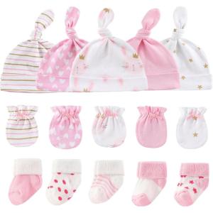 Baby Hats Mittens and Socks Set Cotton Newborn Hat Beanie Soft Infant Girls Boys Caps Gloves 0-6 month(Bunny Accessory Set 1 + Pink Terry Socks)