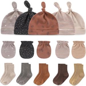 Baby Hats Mittens and Socks Set Cotton Newborn Hat Beanie Soft Infant Girls Boys Caps Gloves 0-6 month(Coffee Accessory Set 1 + Taupe Socks)