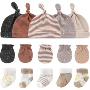 Baby Hats Mittens and Socks Set Cotton Newborn Hat Beanie Soft Infant Girls Boys Caps Gloves 0-6 month(Coffee Accessory Set 2 + Khaki Terry Socks)
