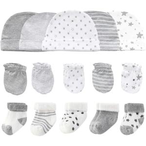 Baby Hats Mittens and Socks Set Cotton Newborn Hat Beanie Soft Infant Girls Boys Caps Gloves 0-6 month(Gray Accessory Set 1 + Gray Terry Socks)