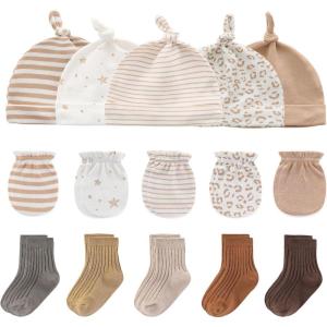 Baby Hats Mittens and Socks Set Cotton Newborn Hat Beanie Soft Infant Girls Boys Caps Gloves 0-6 month(Khaki Accessory Set 1 + Taupe Socks)