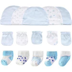 Baby Hats Mittens and Socks Set Cotton Newborn Hat Beanie Soft Infant Girls Boys Caps Gloves 0-6 month(Light Blue Accessory Set 1 + Blue Terry Socks)