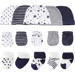 Baby Hats Mittens and Socks Set Cotton Newborn Hat Beanie Soft Infant Girls Boys Caps Gloves 0-6 month(Navy Blue Accessory Set 1 + Navy Terry Socks)