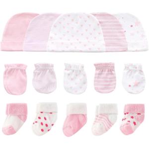 Baby Hats Mittens and Socks Set Cotton Newborn Hat Beanie Soft Infant Girls Boys Caps Gloves 0-6 month(Pink Accessory Set 1 + Pink Terry Socks)