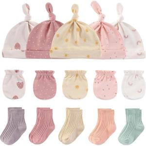 Baby Hats Mittens and Socks Set Cotton Newborn Hat Beanie Soft Infant Girls Boys Caps Gloves 0-6 month(Strawberry Accessory Set 2 + Solid Color Socks)