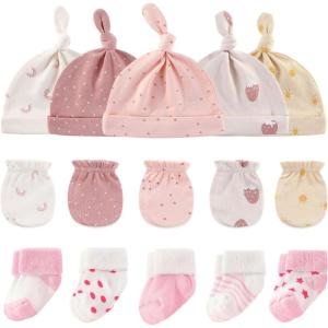 Baby Hats Mittens and Socks Set Cotton Newborn Hat Beanie Soft Infant Girls Boys Caps Gloves 0-6 month(Strawberry Accessory Set 3 + Pink Terry Socks)