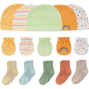 Baby Hats Mittens and Socks Set Cotton Newborn Hat Beanie Soft Infant Girls Boys Caps Gloves 0-6 month(Yellow Accessory Set 1 + Solid Color Socks)