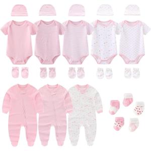 New Born Baby Clothes and Newborn Boy Girl Essentials Accessories Layette Set(Two Way Zipper Pink 23 Piece Set)