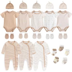 New Born Clothes Cotton Layette Gift Set Unisex Baby Outfit and Accessories Newborn Essentials Must Haves(Khaki Stripe 23 Piece Set)