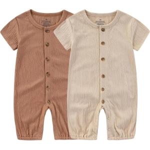 Ruliby Baby Girl Romper Button Jumpsuit Summer Infant Boy Clothes for 0-24 Months(Brown/Khaki)