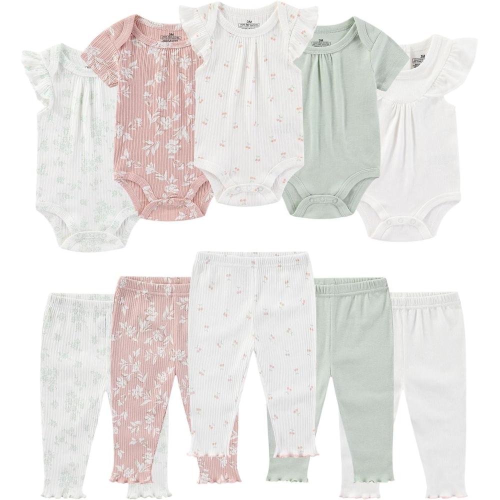 imageRuliby Baby Bodysuit and Pant Set Summer Ribbed Mix Match Infant Boy Girl Clothes OutfitsGreen Floral Ribbed 10 Pieces