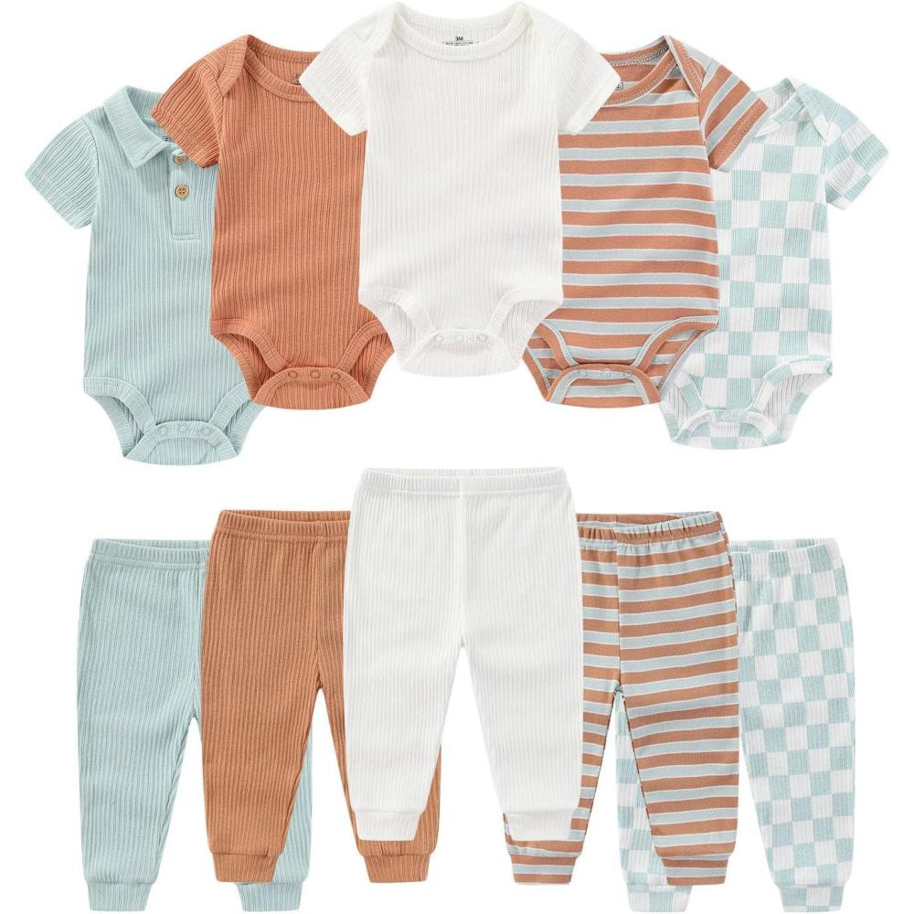 imageRuliby Baby Bodysuit and Pant Set Summer Ribbed Mix Match Infant Boy Girl Clothes OutfitsGreen Plaid Ribbed 10 Pieces