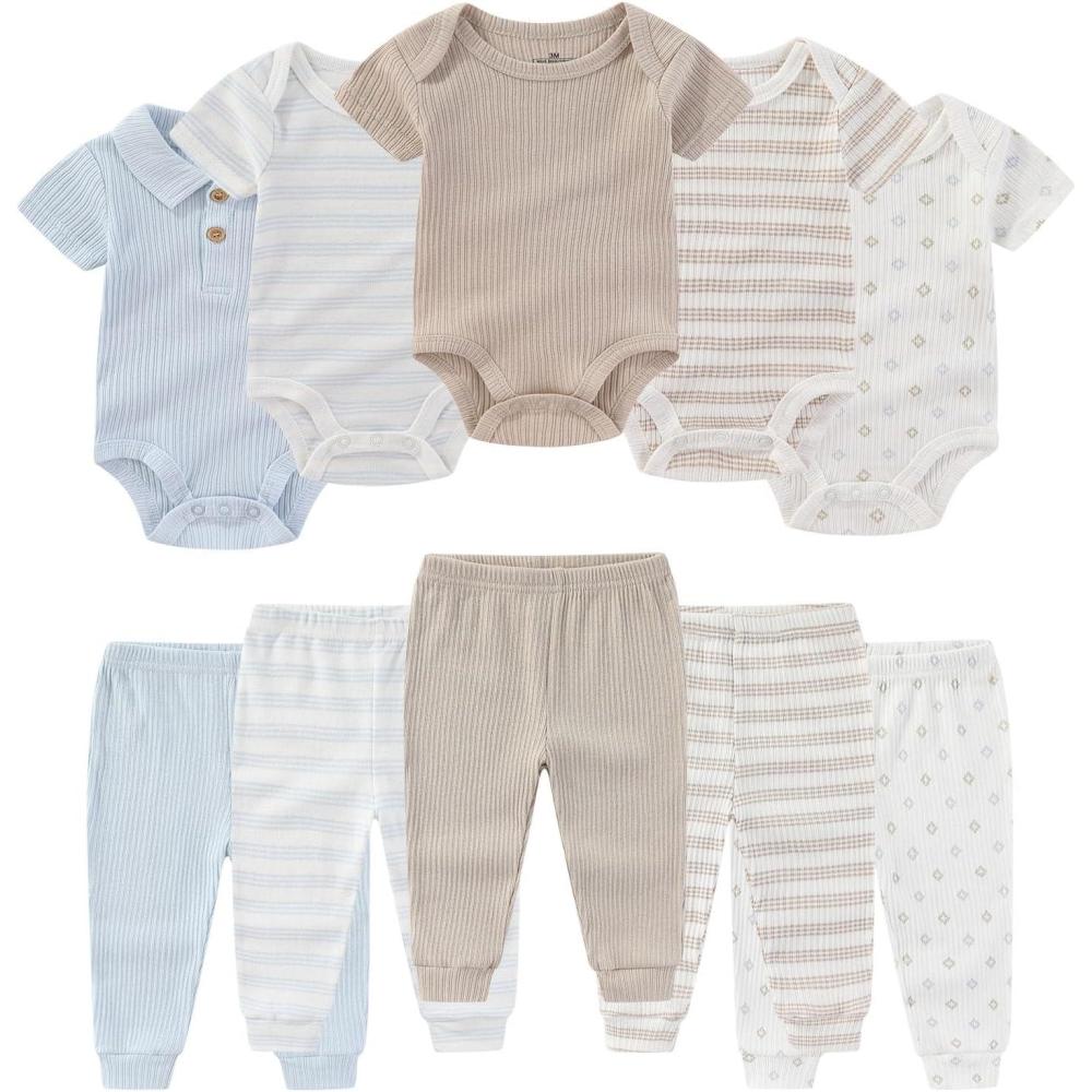 imageRuliby Baby Bodysuit and Pant Set Summer Ribbed Mix Match Infant Boy Girl Clothes OutfitsKhaki Striped Ribbed 10 Pieces