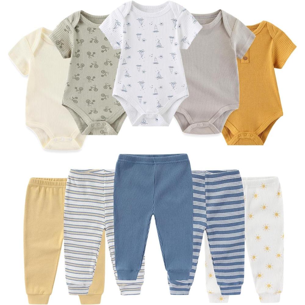 imageRuliby Baby Bodysuit and Pant Set Summer Ribbed Mix Match Infant Boy Girl Clothes OutfitsSailboat Blue Ribbed 10 Pieces