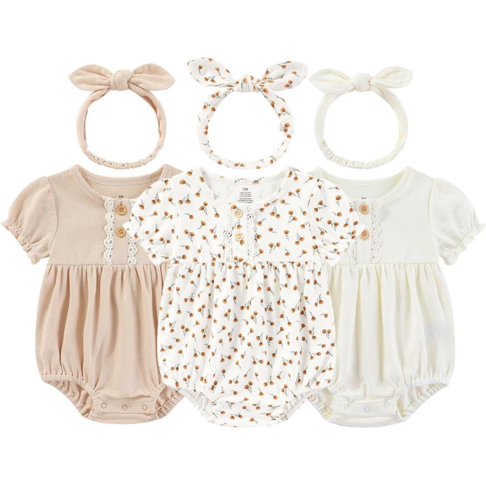 imageRuliby Baby Girl Outfit Cotton Bubble Romper Floral Dress Infant Girls Clothes 3packBeigeOrange FloralLight Khaki Shortsleeved