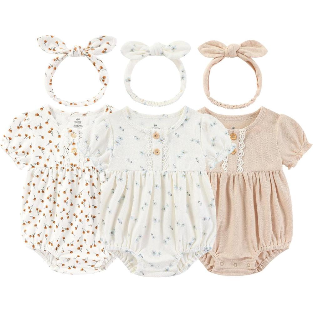 imageRuliby Baby Girl Outfit Cotton Bubble Romper Floral Dress Infant Girls Clothes 3packOrange FloralLight KhakiBlue Floral Shortsleeved