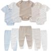 Ruliby Baby Bodysuit and Pant Set Summer Ribbed Mix Match Infant Boy Girl Clothes Outfits(Khaki Striped Ribbed 10 Pieces)