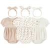 Ruliby Baby Girl Outfit Cotton Bubble Romper Floral Dress Infant Girls Clothes 3-pack(Beige/Orange Floral/Light Khaki Short-sleeved)