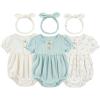 Ruliby Baby Girl Outfit Cotton Bubble Romper Floral Dress Infant Girls Clothes 3-pack(Blue Floral/Blue/Beige Short-sleeved)