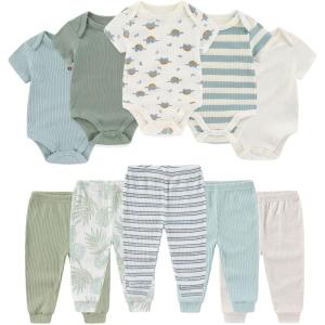 Ruliby Baby Bodysuit and Pant Set Summer Ribbed Mix Match Infant Boy Girl Clothes Outfits(Gray Blue Dinosaur Ribbed 10 Pieces)